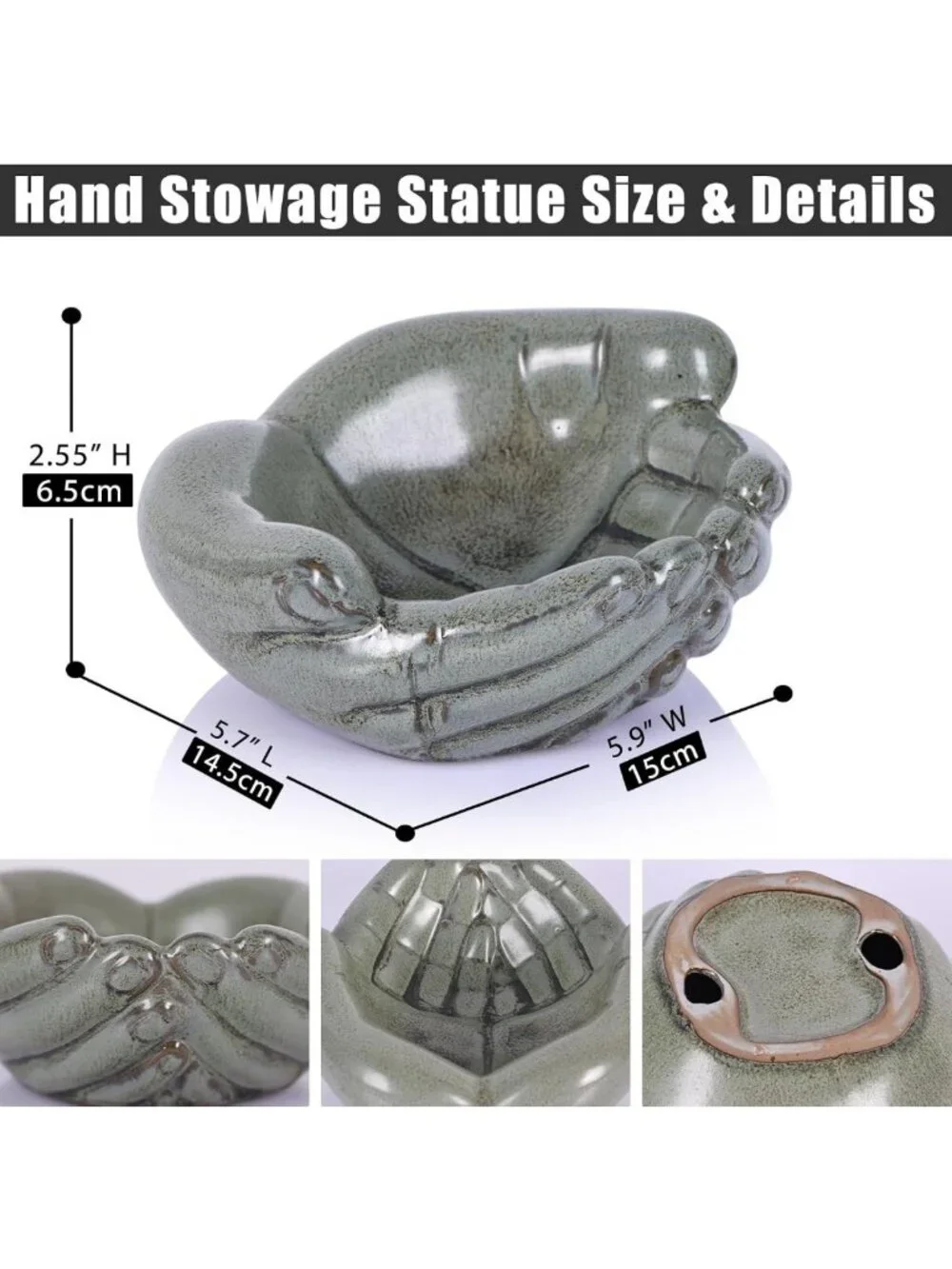 Vintage Green Ceramic Hands Bowl Dish - Candy Holder, Succulent Planter & Key